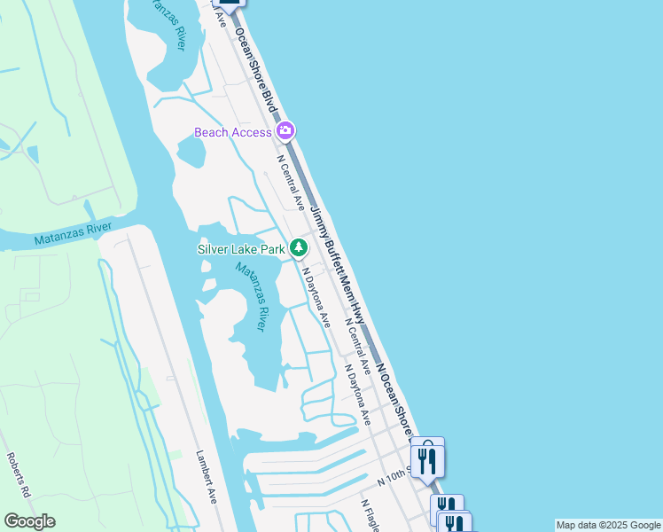 map of restaurants, bars, coffee shops, grocery stores, and more near 1601 North Oceanshore Boulevard in Flagler Beach