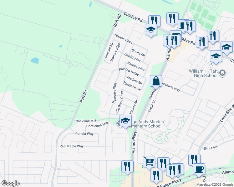 map of restaurants, bars, coffee shops, grocery stores, and more near 6102 Palmetto Way in San Antonio