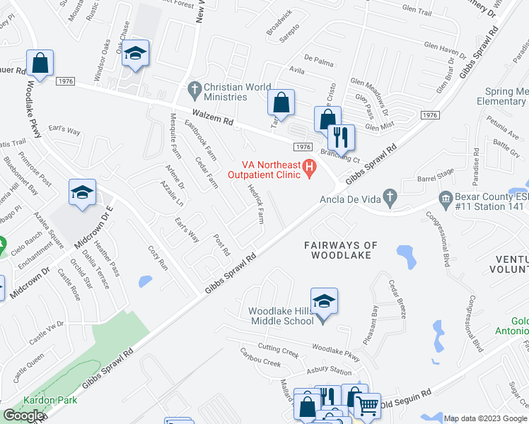 map of restaurants, bars, coffee shops, grocery stores, and more near 7706 Hedrick Farm in San Antonio