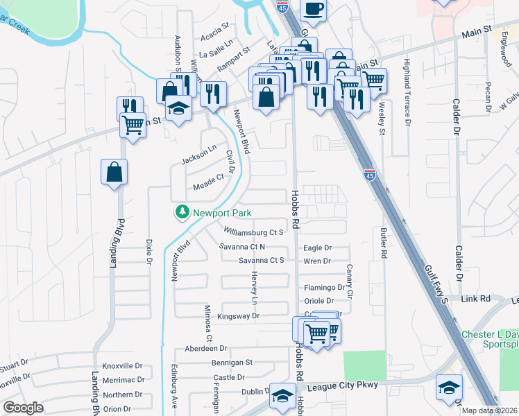 map of restaurants, bars, coffee shops, grocery stores, and more near 2017 Fairfield Court South in League City