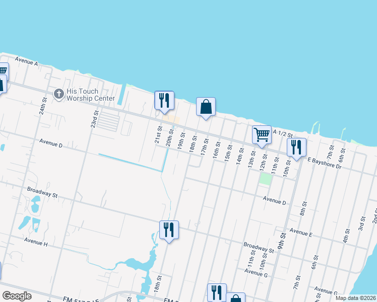 map of restaurants, bars, coffee shops, grocery stores, and more near 246 18th Street in San Leon
