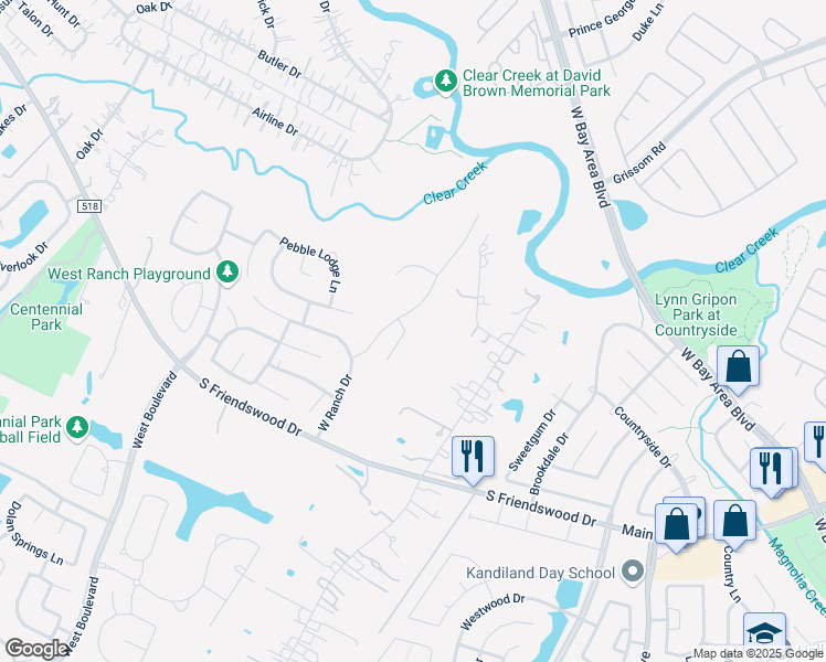 map of restaurants, bars, coffee shops, grocery stores, and more near 220 Salmon Creek Lane in Friendswood