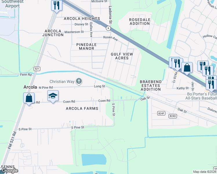 map of restaurants, bars, coffee shops, grocery stores, and more near 827 Coen Road in Rosharon