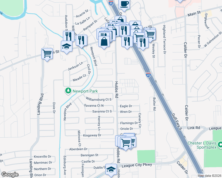 map of restaurants, bars, coffee shops, grocery stores, and more near 2003 Fairfield Court South in League City