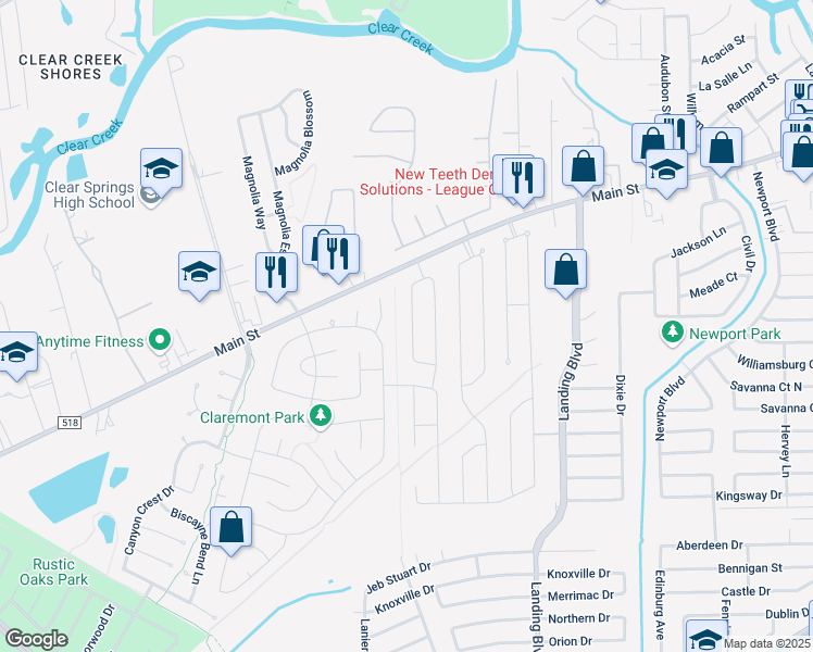 map of restaurants, bars, coffee shops, grocery stores, and more near 205 Meadow Gate Drive in League City