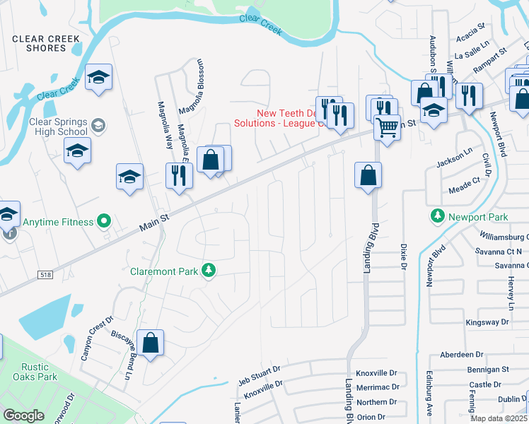 map of restaurants, bars, coffee shops, grocery stores, and more near 205 Meadow Gate Drive in League City