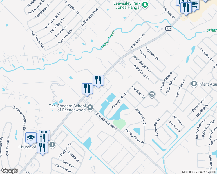 map of restaurants, bars, coffee shops, grocery stores, and more near 1486 Garden Lakes Drive in Friendswood