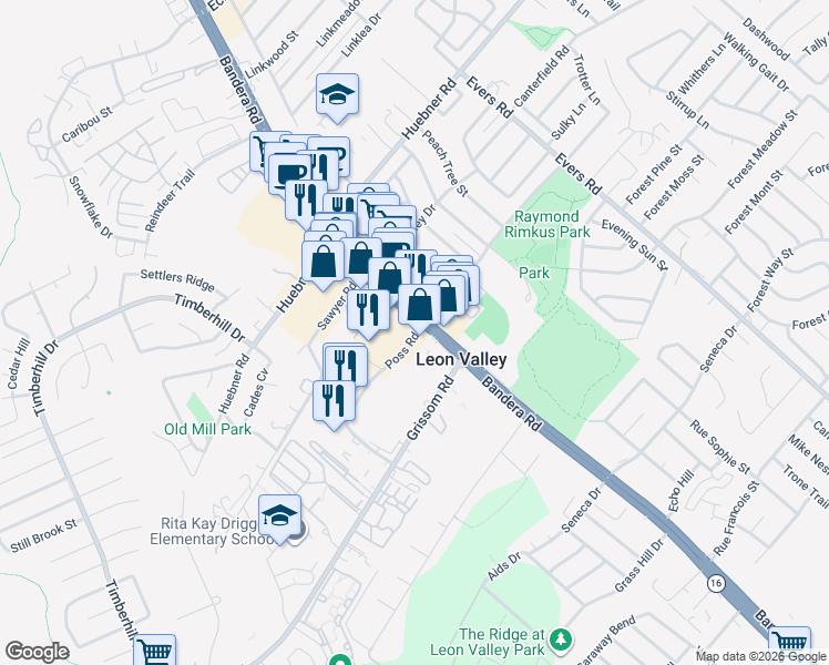 map of restaurants, bars, coffee shops, grocery stores, and more near 6802 Poss Road in San Antonio