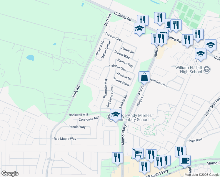 map of restaurants, bars, coffee shops, grocery stores, and more near 6102 Palmetto Way in San Antonio