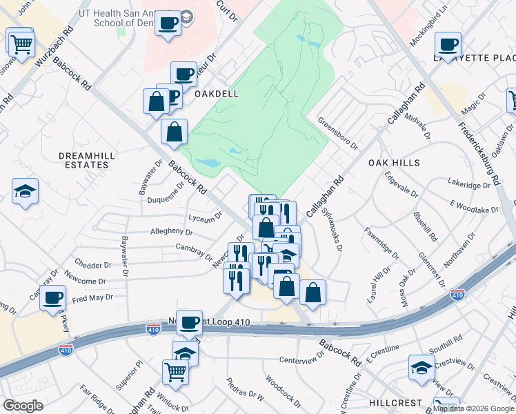 map of restaurants, bars, coffee shops, grocery stores, and more near 1751 Babcock Road in San Antonio