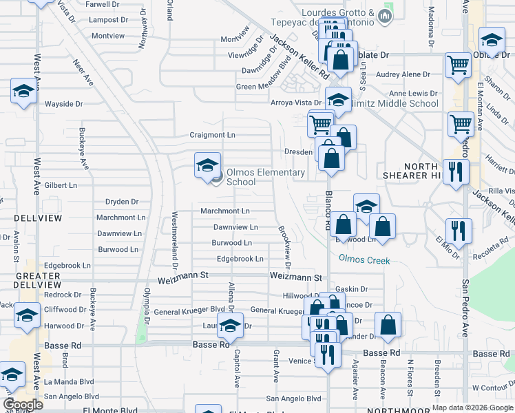 map of restaurants, bars, coffee shops, grocery stores, and more near 127 Marchmont Lane in San Antonio