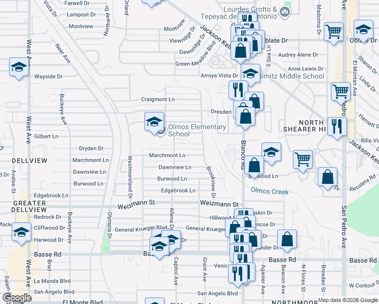 map of restaurants, bars, coffee shops, grocery stores, and more near 127 Marchmont Lane in San Antonio