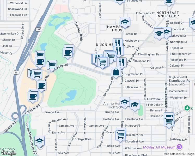 map of restaurants, bars, coffee shops, grocery stores, and more near 42 Longsford in San Antonio