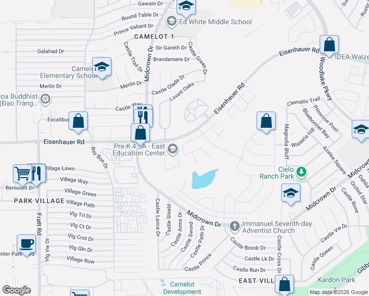 map of restaurants, bars, coffee shops, grocery stores, and more near 7219 Lavaca Bluff in San Antonio