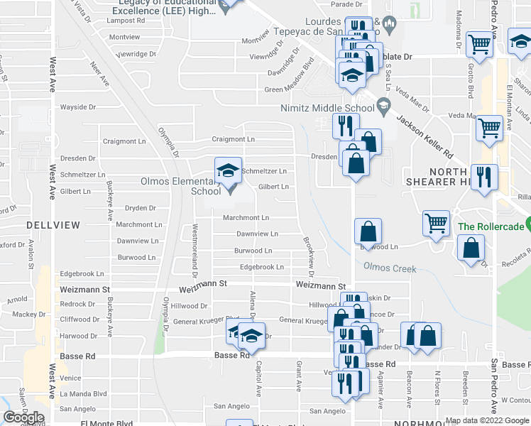 map of restaurants, bars, coffee shops, grocery stores, and more near 127 Marchmont Lane in San Antonio