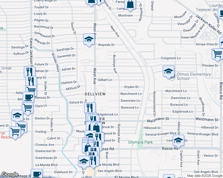 map of restaurants, bars, coffee shops, grocery stores, and more near 210 Dryden Drive in San Antonio