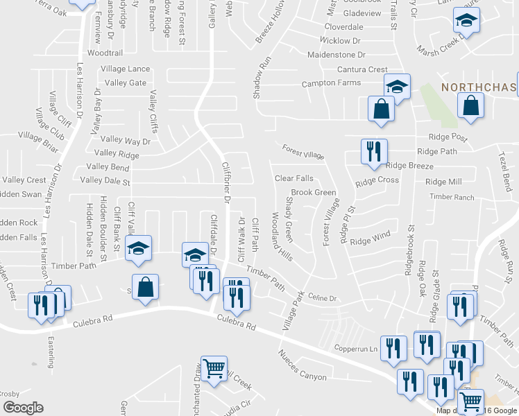 map of restaurants, bars, coffee shops, grocery stores, and more near 5875 Cliff Path in San Antonio