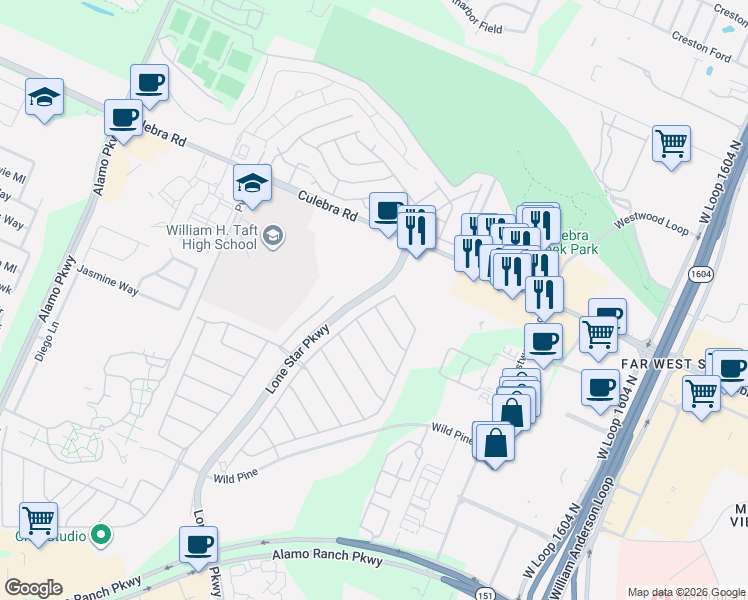map of restaurants, bars, coffee shops, grocery stores, and more near 11234 Thorn Apple in San Antonio