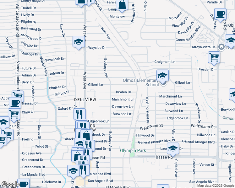 map of restaurants, bars, coffee shops, grocery stores, and more near 154 Dryden Drive in San Antonio