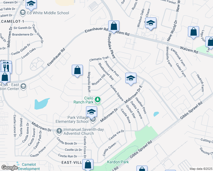 map of restaurants, bars, coffee shops, grocery stores, and more near 6138 Plumbago Place in San Antonio