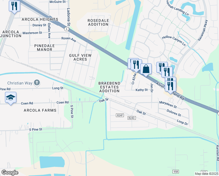 map of restaurants, bars, coffee shops, grocery stores, and more near 1106 Kathy Street in Rosharon