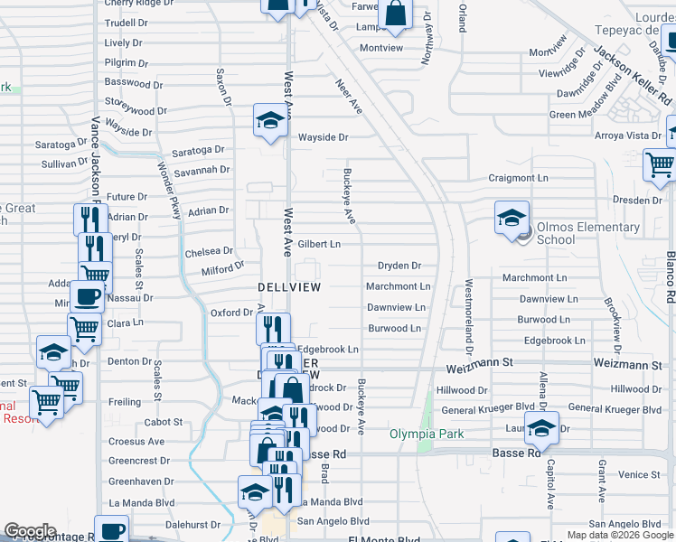 map of restaurants, bars, coffee shops, grocery stores, and more near 210 Dryden Drive in San Antonio