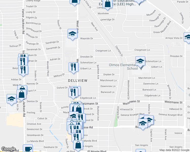 map of restaurants, bars, coffee shops, grocery stores, and more near 210 Dryden Drive in San Antonio