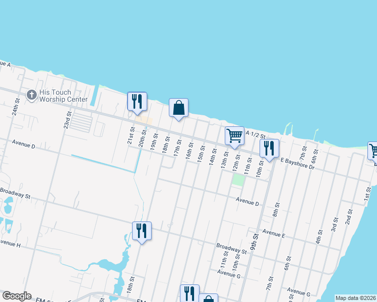 map of restaurants, bars, coffee shops, grocery stores, and more near 227 16th Street in San Leon