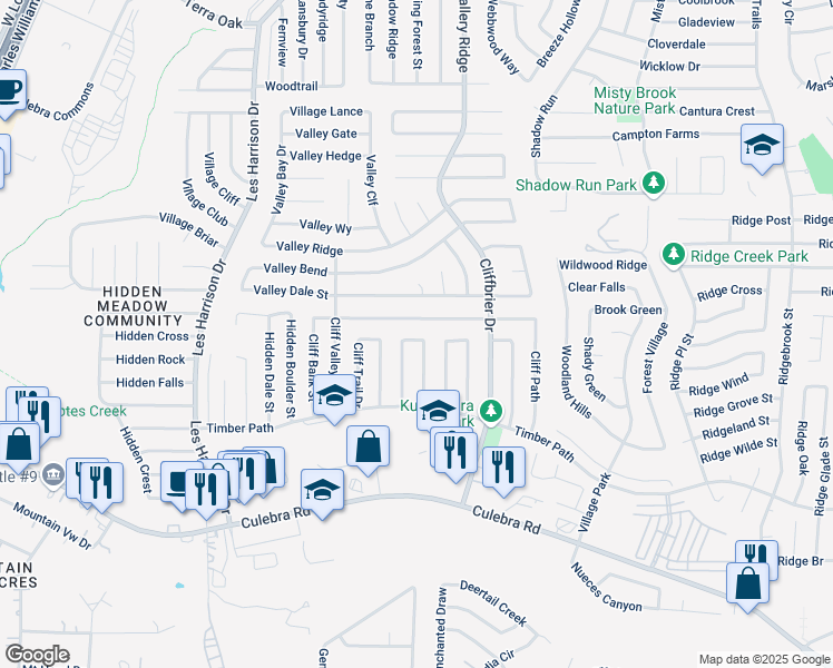 map of restaurants, bars, coffee shops, grocery stores, and more near 9311 Cliff Point Drive in San Antonio