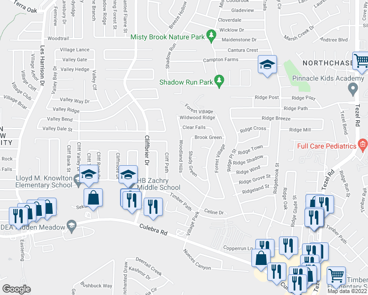 map of restaurants, bars, coffee shops, grocery stores, and more near 9703 Woodland Hills in San Antonio