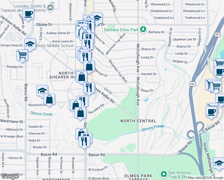 map of restaurants, bars, coffee shops, grocery stores, and more near 132 Dot Drive in San Antonio