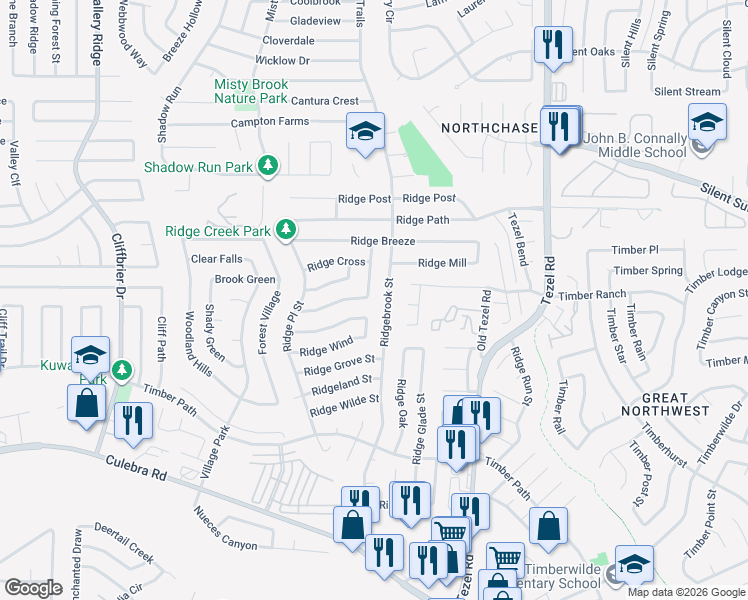 map of restaurants, bars, coffee shops, grocery stores, and more near 6302 Ridgehurst in San Antonio