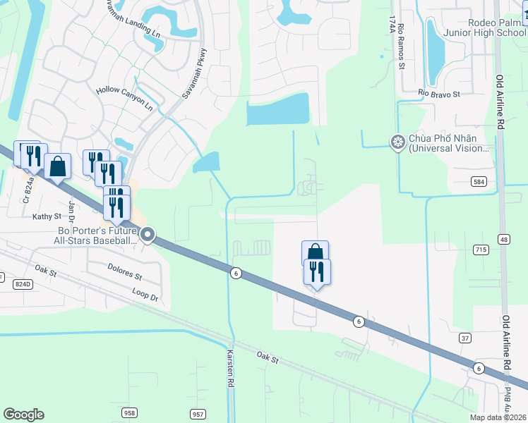map of restaurants, bars, coffee shops, grocery stores, and more near 131 Des Moines Court in Rosharon