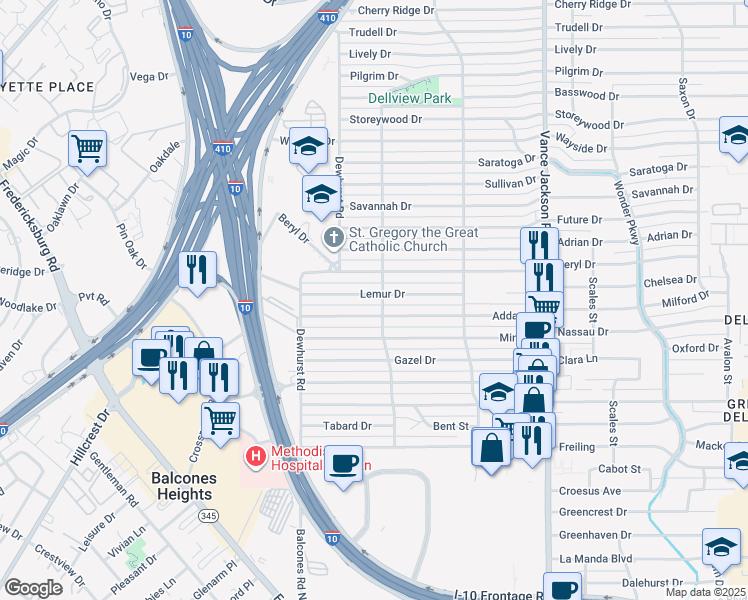 map of restaurants, bars, coffee shops, grocery stores, and more near 306 Lemur Drive in San Antonio