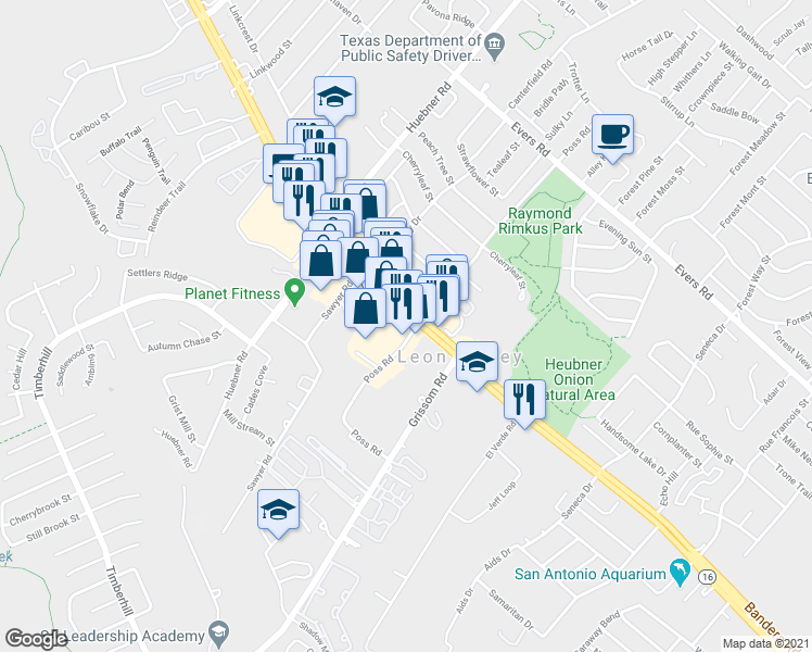 map of restaurants, bars, coffee shops, grocery stores, and more near 6802 Poss Road in San Antonio
