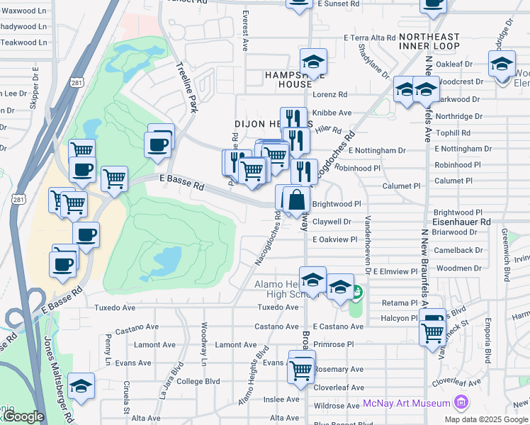 map of restaurants, bars, coffee shops, grocery stores, and more near 970 East Basse Road in San Antonio