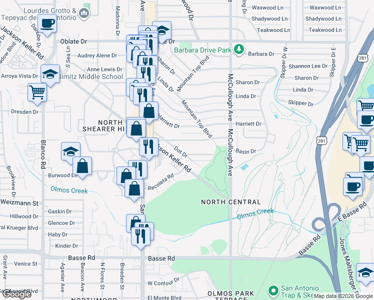 map of restaurants, bars, coffee shops, grocery stores, and more near 132 Dot Drive in San Antonio