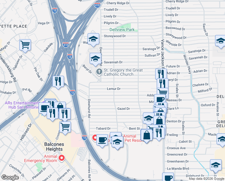 map of restaurants, bars, coffee shops, grocery stores, and more near 306 Lemur Drive in San Antonio