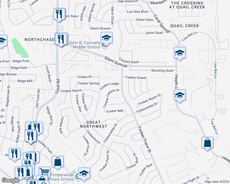 map of restaurants, bars, coffee shops, grocery stores, and more near 5518 Timber Canyon Street in San Antonio