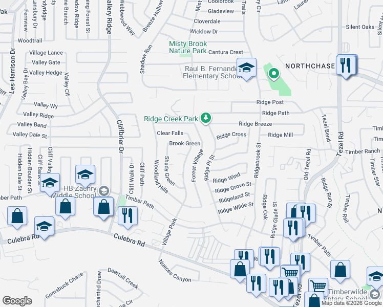 map of restaurants, bars, coffee shops, grocery stores, and more near 6443 Forest Village in San Antonio
