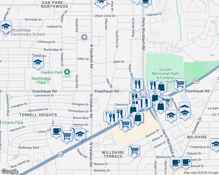 map of restaurants, bars, coffee shops, grocery stores, and more near 3085 Eisenhauer Road in San Antonio