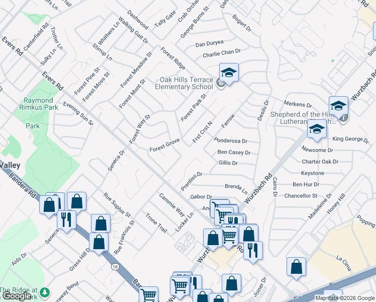 map of restaurants, bars, coffee shops, grocery stores, and more near 6802 North Forest Crest Street in San Antonio
