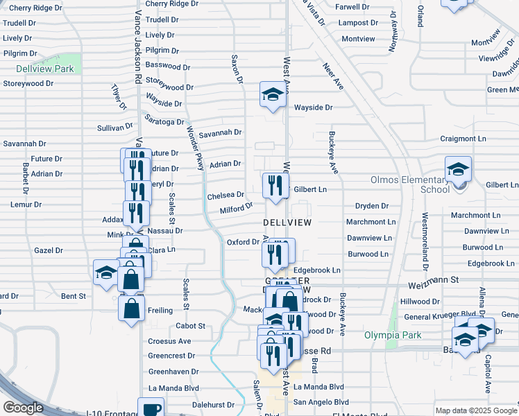 map of restaurants, bars, coffee shops, grocery stores, and more near 106 Milford Drive in San Antonio
