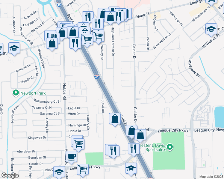 map of restaurants, bars, coffee shops, grocery stores, and more near 258 Highland Terrace Drive in League City