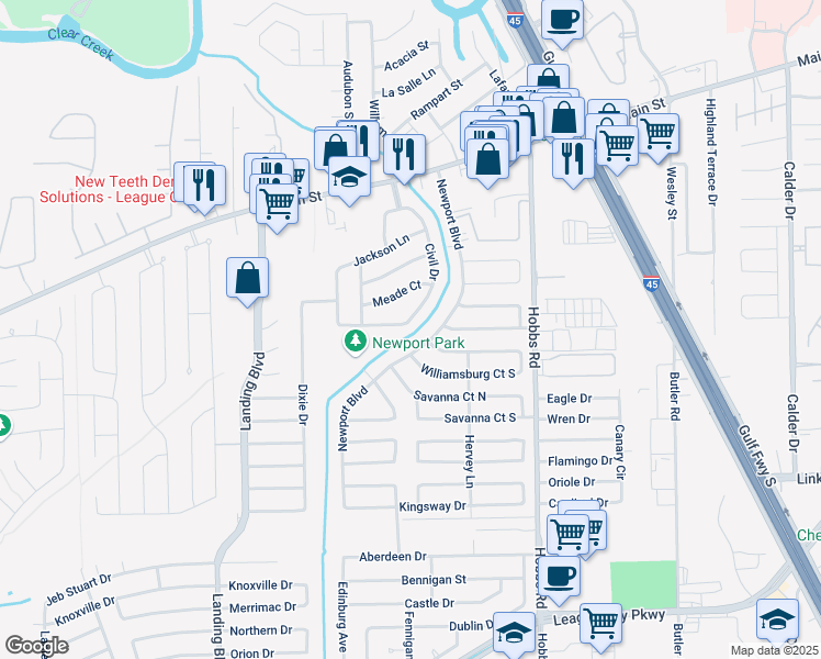 map of restaurants, bars, coffee shops, grocery stores, and more near 2301 Lees Court in League City