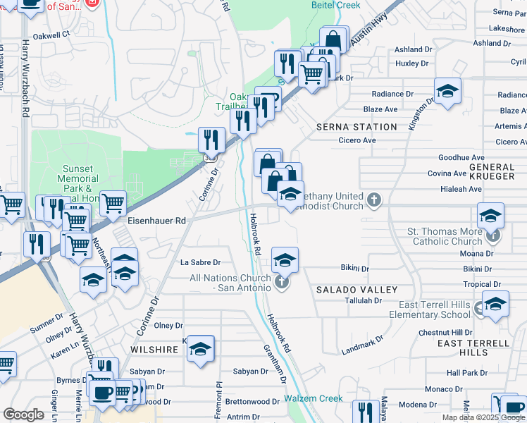 map of restaurants, bars, coffee shops, grocery stores, and more near 3900 Eisenhauer Road in San Antonio