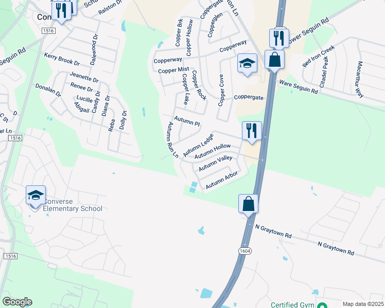 map of restaurants, bars, coffee shops, grocery stores, and more near 9723 Autumn Hollow in Converse