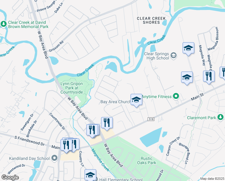 map of restaurants, bars, coffee shops, grocery stores, and more near 305 Oak Creek Drive in League City