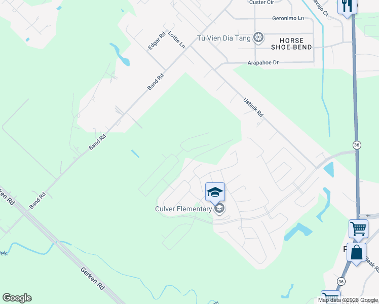 map of restaurants, bars, coffee shops, grocery stores, and more near 3121 Band Road in Rosenberg