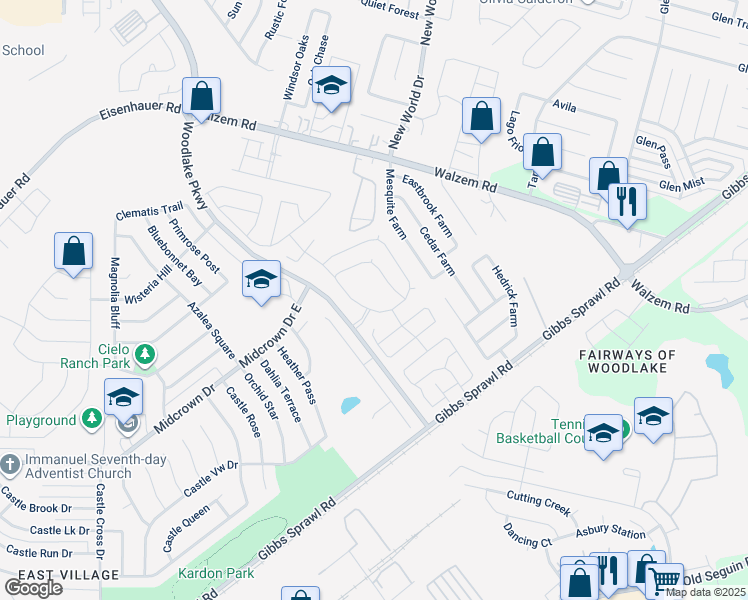map of restaurants, bars, coffee shops, grocery stores, and more near 266 Azzalie Lane in San Antonio